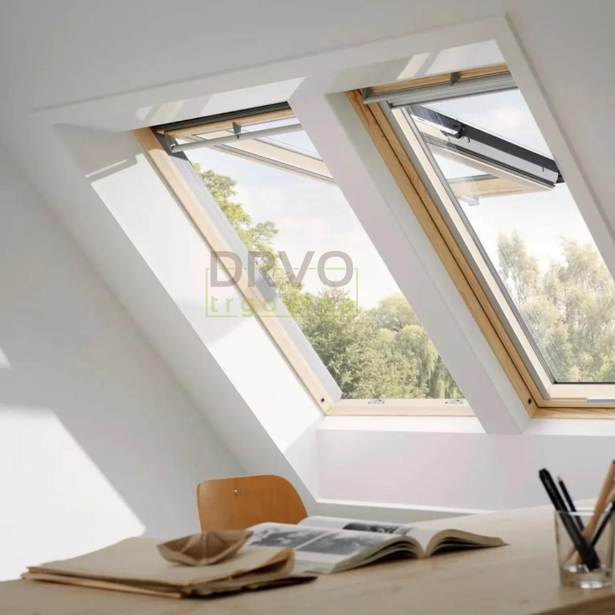 VELUX PREMIUM KROVNI PROZOR, BEZBOJNI LAK,DVOSTRUKI OVJES, DONJA RUČKA, STAKLO 68 